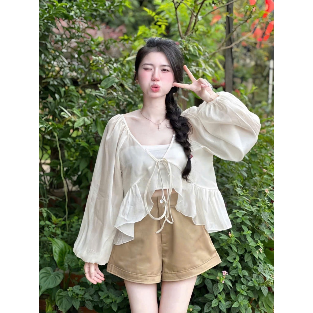 set áo tơ tay dài dáng babydoll kèm áo trong + quần short đùi phong cách hàn quốc