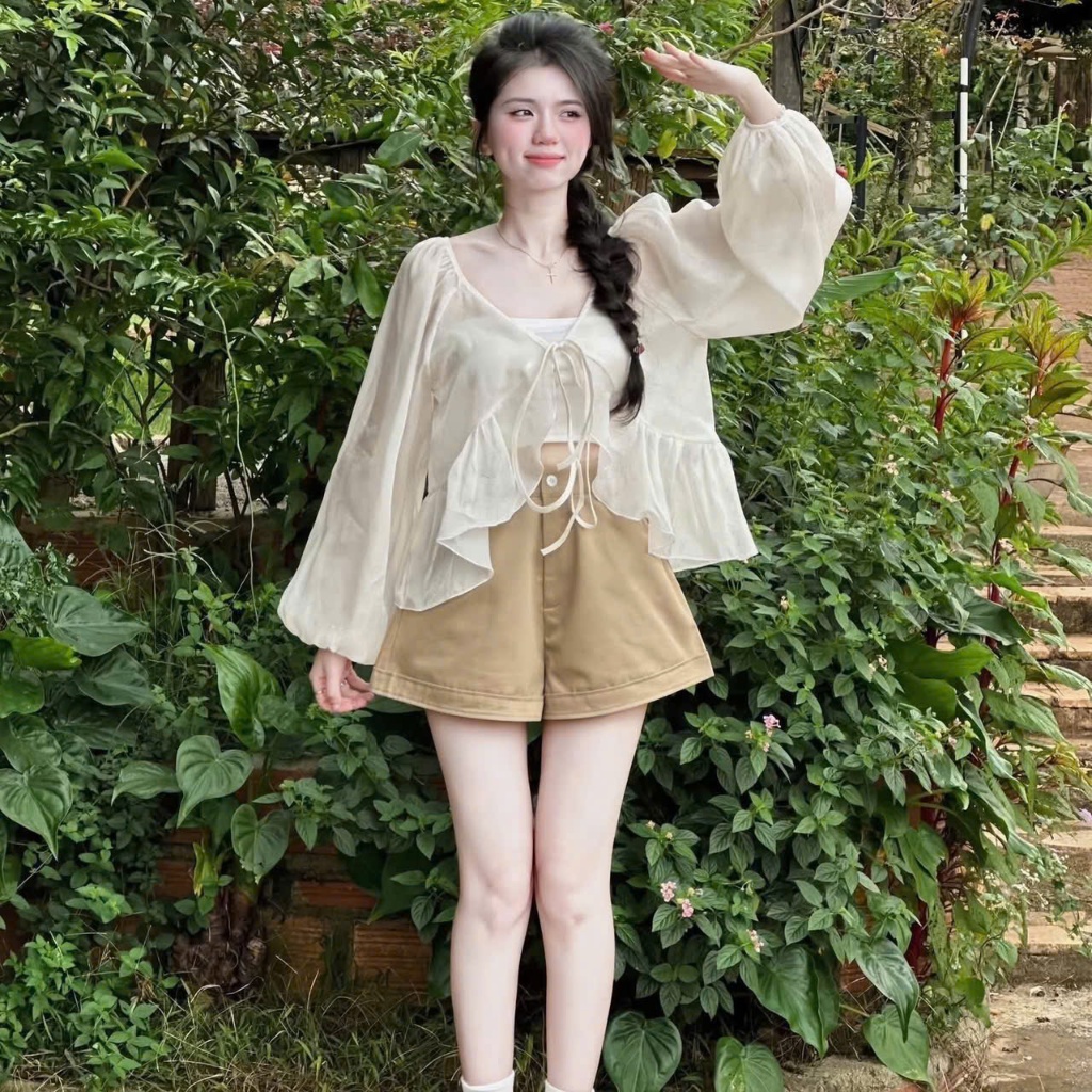 set áo tơ tay dài dáng babydoll kèm áo trong + quần short đùi phong cách hàn quốc