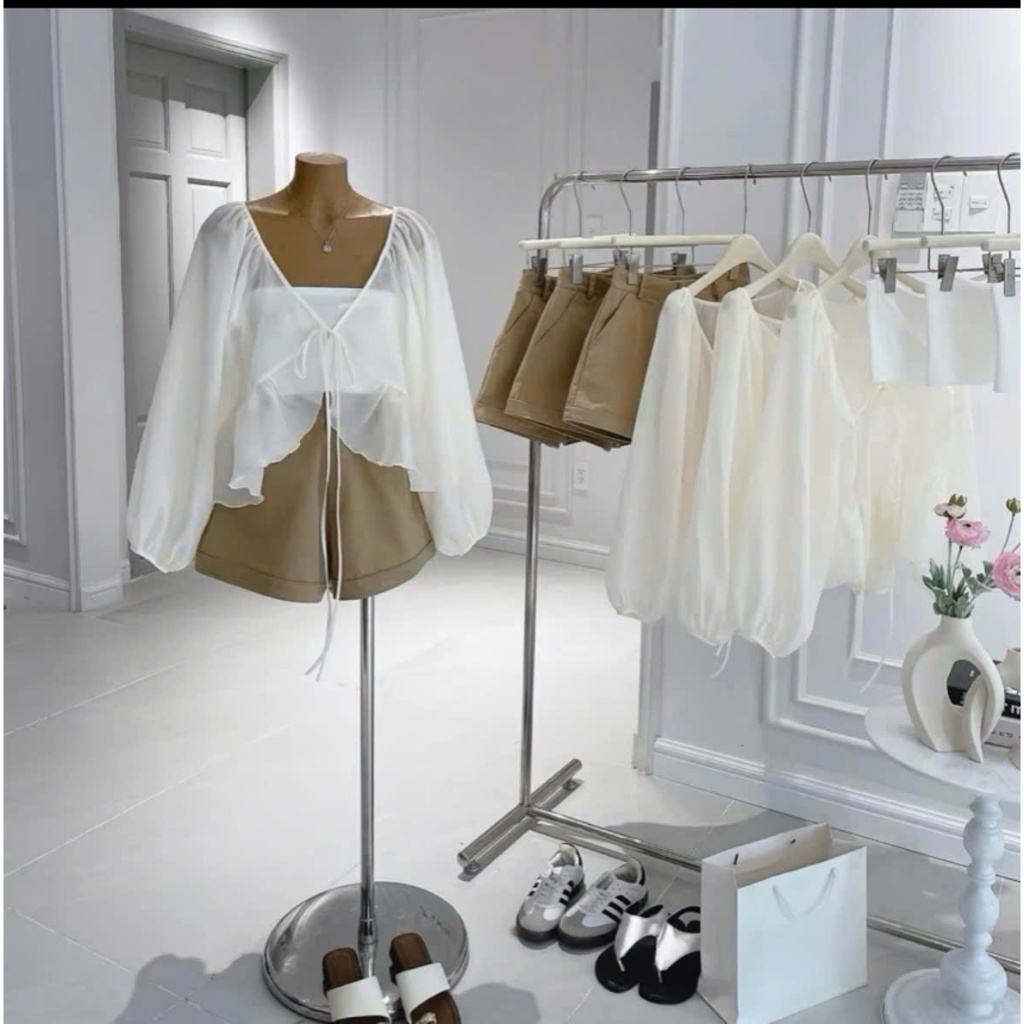 set áo tơ tay dài dáng babydoll kèm áo trong + quần short đùi phong cách hàn quốc