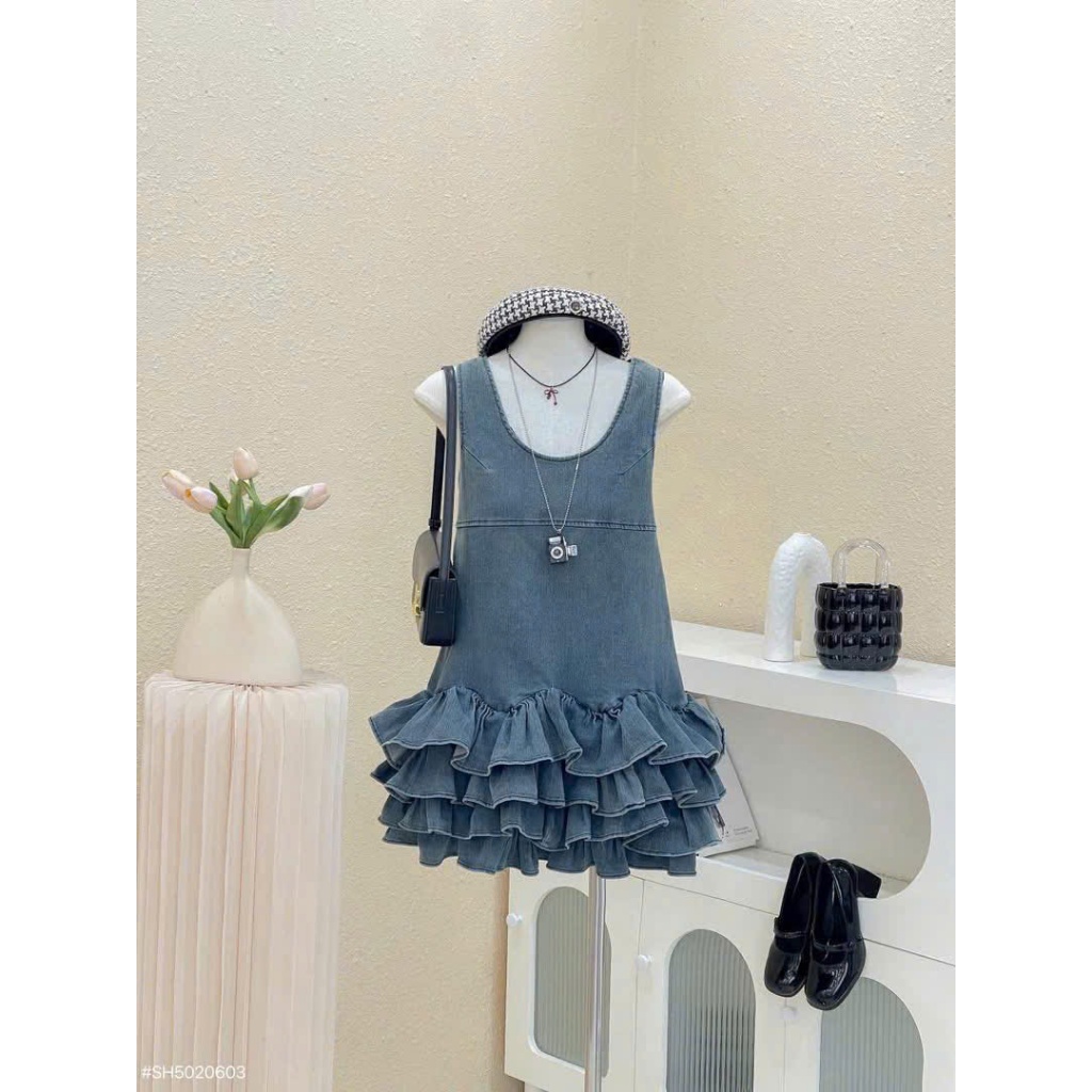 đầm jean nữ thiết kế tầng xếp ly dễ thương, váy denim cao cấp cổ tròn sát nách tùng váy bèo tầng siêu cute