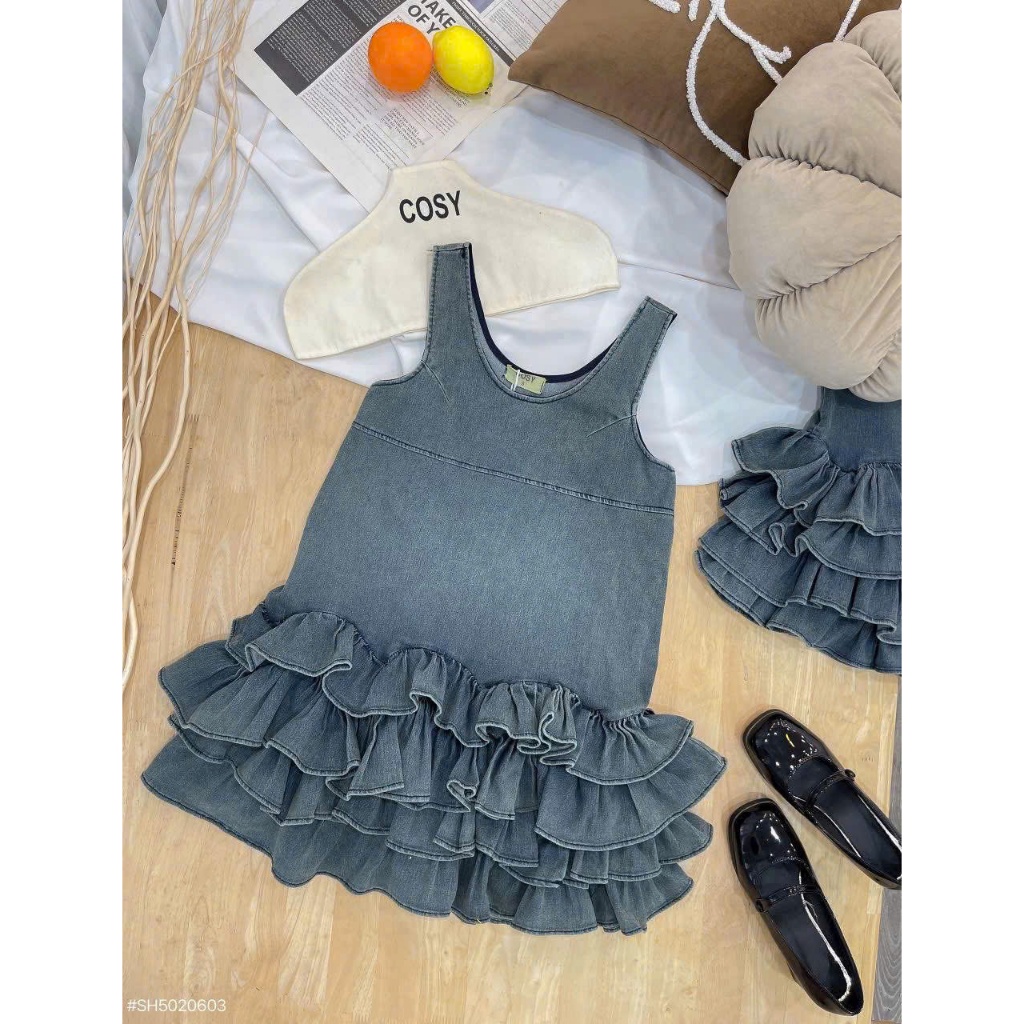 đầm jean nữ thiết kế tầng xếp ly dễ thương, váy denim cao cấp cổ tròn sát nách tùng váy bèo tầng siêu cute