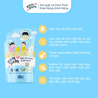 Nước Giặt Xả Pom Pom Active Túi 600ML - 2in1 Tiết Kiệm Dành Cho Cả Nhà, Sạch Thơm Mềm Vải, Hương Nắng Mai AT6