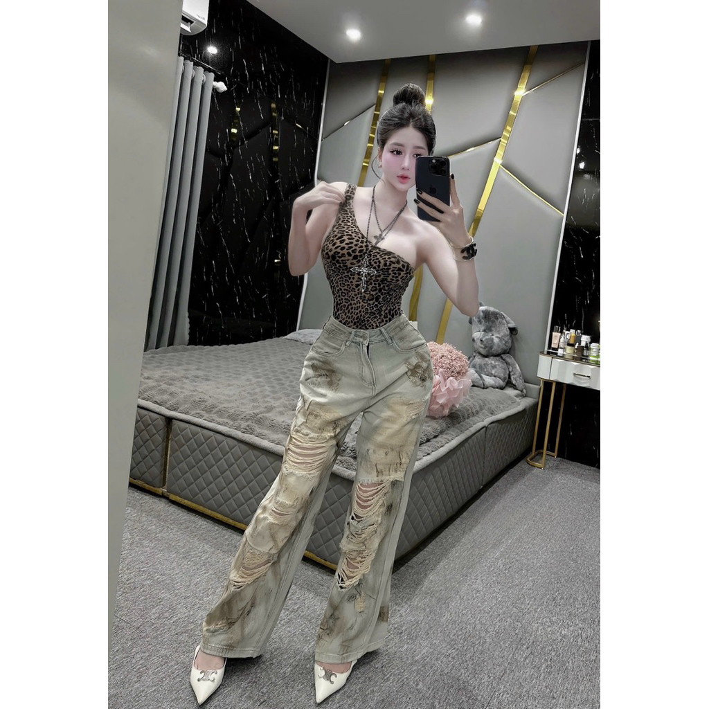 Áo bodysuit da beo lệch vai mix đồ siu sang chảnh
