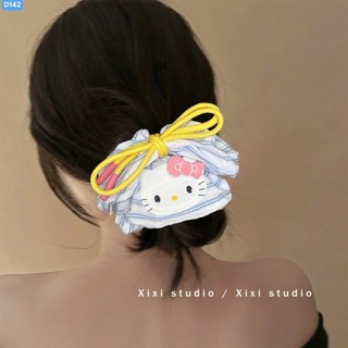 Scrunchies dây cột tóc sọc xanh đính nơ vàng xinh xắn