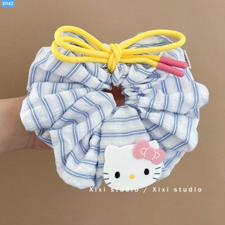 Scrunchies dây cột tóc sọc xanh đính nơ vàng xinh xắn