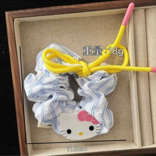 Scrunchies dây cột tóc sọc xanh đính nơ vàng xinh xắn