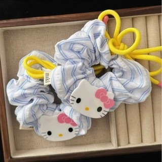 Scrunchies dây cột tóc sọc xanh đính nơ vàng xinh xắn