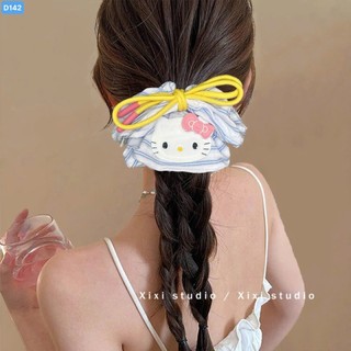 Scrunchies dây cột tóc sọc xanh đính nơ vàng xinh xắn