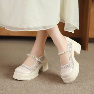 Giày mary quai ngang gắn Ngọc chất Ren Thêu đế 7 phân hót