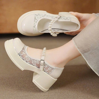 Giày mary quai ngang gắn Ngọc chất Ren Thêu đế 7 phân hót
