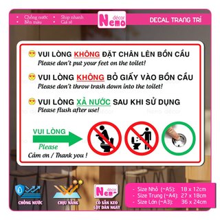 Decal Nội Quy Toilet Nhà Vệ Sinh, Decal Nhắc Nhở Không Bỏ Giấy Vào Bồn Cầu, Không Đặt Chân Lên Bồn Cầu Dán Tường, Kính.