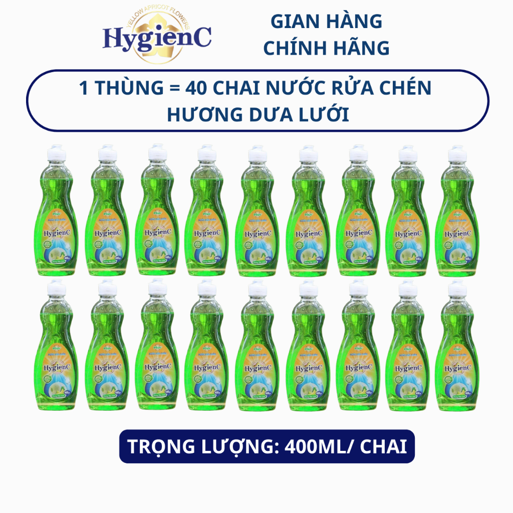 [Sỉ Thùng] Thùng 40 Chai Nước Rửa Chén HygienC Plus 400g Hương Dưa Lưới  - Sạch Vết Dầu Mỡ Bám Trên Chén Bát