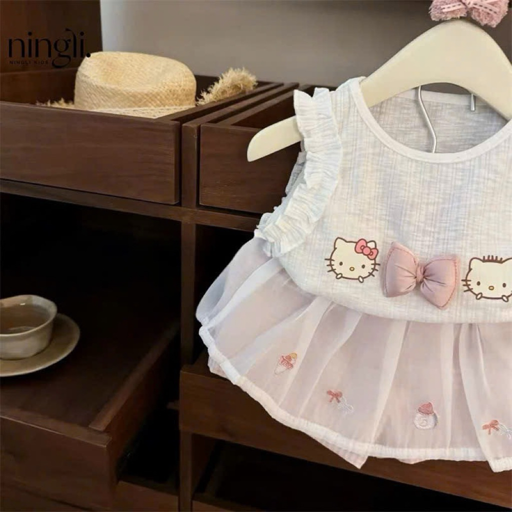 (Sẵn 100) Bộ quần áo sát nách ren quần hoạ tiết mèo kitty phong cách dễ thương dành cho bé gái