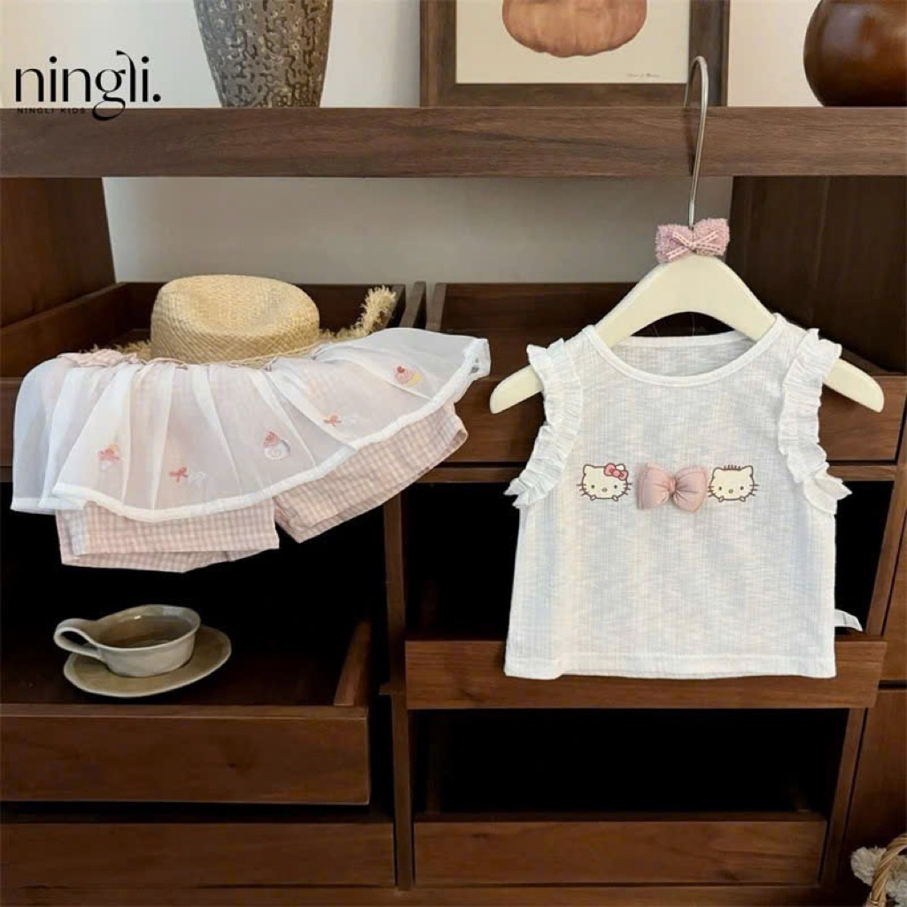 (Sẵn 100) Bộ quần áo sát nách ren quần hoạ tiết mèo kitty phong cách dễ thương dành cho bé gái