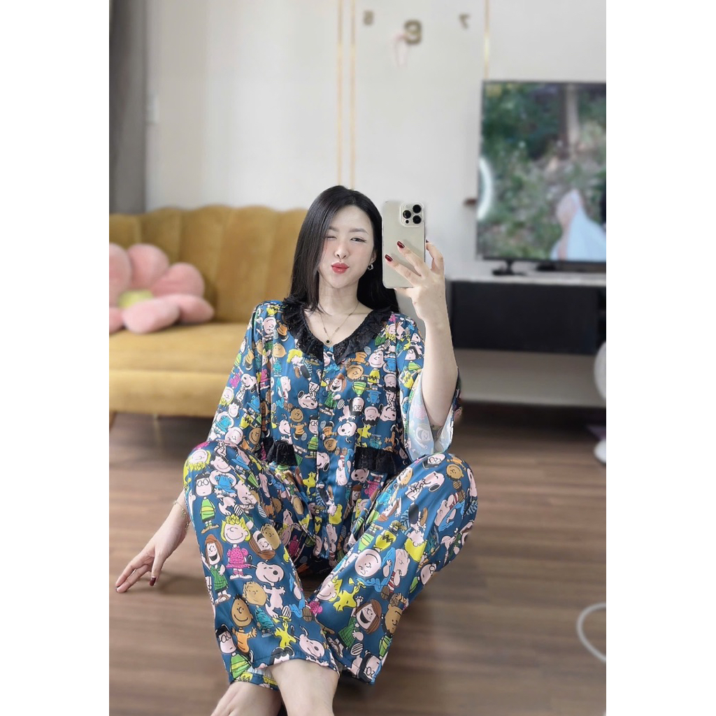 45-65kg Bộ pijama CỔ REN TRÒN túi ren giả lụa Latin mềm