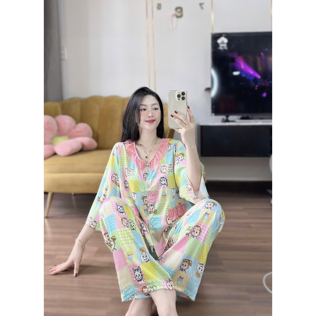 45-65kg Bộ pijama CỔ REN TRÒN túi ren giả lụa Latin mềm