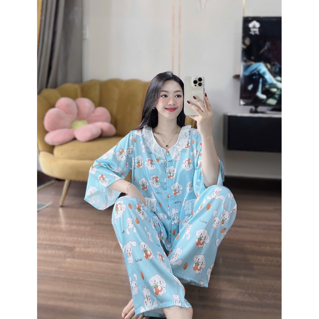 45-65kg Bộ pijama CỔ REN TRÒN túi ren giả lụa Latin mềm