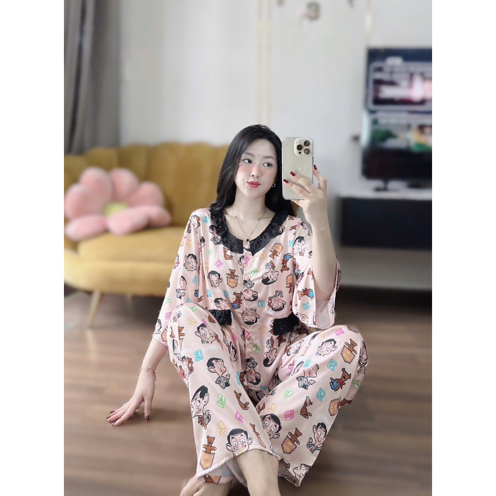 45-65kg Bộ pijama CỔ REN TRÒN túi ren giả lụa Latin mềm