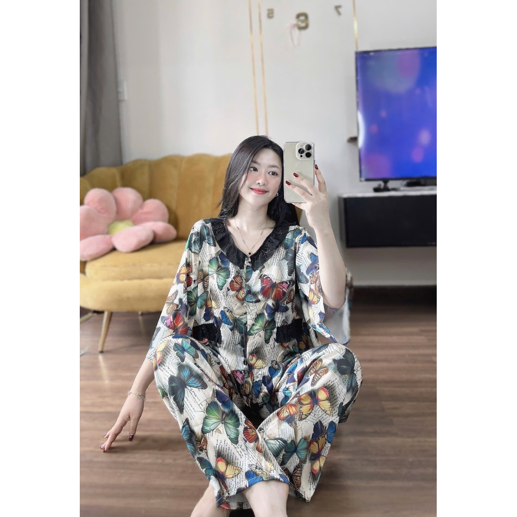 45-65kg Bộ pijama CỔ REN TRÒN túi ren giả lụa Latin mềm