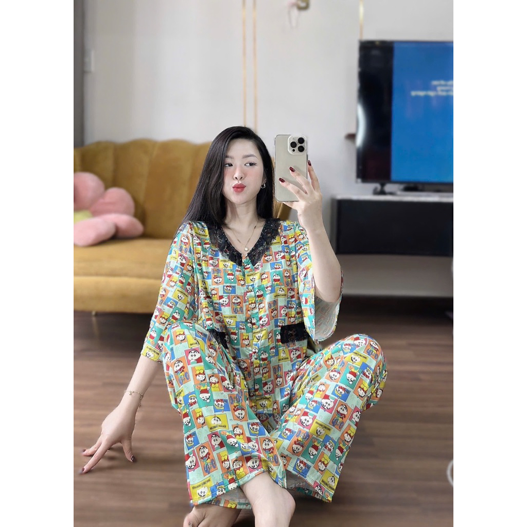45-65kg Bộ pijama CỔ REN TRÒN túi ren giả lụa Latin mềm