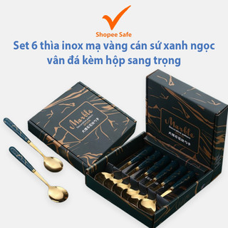 Set 6 thìa inox mạ vàng cán sứ xanh ngọc vân đá kèm hộp sang trọng cao cấp loại 1 #A87