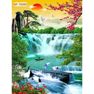 Tranh 3D dán tường sơn thủy hữu tình, tranh phong cảnh, tranh thác nước được in trên chất liệu vải lụa(tặng kèm keo dán)