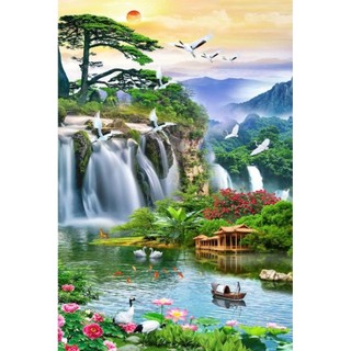 Tranh 3D dán tường sơn thủy hữu tình, tranh phong cảnh, tranh thác nước được in trên chất liệu vải lụa(tặng kèm keo dán)