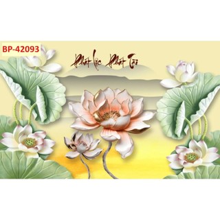 Tranh hoa sen dán tường phòng thờ, phòng khách, phòng làm việc, tranh in trên chất liệu vải lụa (shop tặng kèm keo dán)