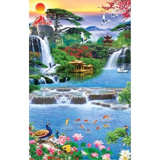 Tranh 3D dán tường sơn thủy hữu tình, tranh phong cảnh, tranh thác nước được in trên chất liệu vải lụa(tặng kèm keo dán)