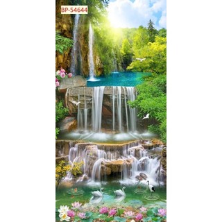 Tranh 3D sơn thủy hữu tình, tranh phong cảnh thác nước tranh dán tường in trên chất liệu vải lụa (shop tặng kèm keo dán)