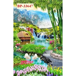 Tranh 3D sơn thủy hữu tình, tranh phong cảnh thác nước tranh dán tường in trên chất liệu vải lụa (shop tặng kèm keo dán)