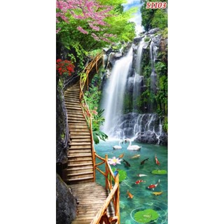 Tranh 3D sơn thủy hữu tình, tranh phong cảnh thác nước tranh dán tường in trên chất liệu vải lụa (shop tặng kèm keo dán)