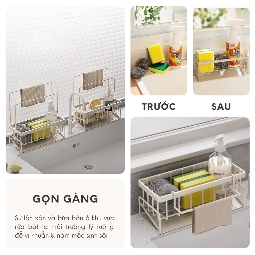 Kệ bồn rửa chén bát tự thoát nước chất liệu thép carbon kèm thanh treo khăn | BigBuy360 - bigbuy360.vn