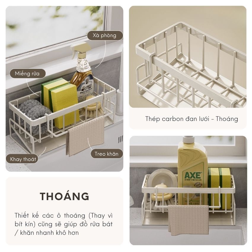 Kệ bồn rửa chén bát tự thoát nước chất liệu thép carbon kèm thanh treo khăn | BigBuy360 - bigbuy360.vn