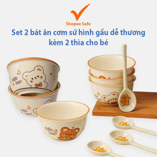 Set 2 bát ăn cơm sứ hình gấu dễ thương kèm 2 thìa cho bé ăn ngon miệng