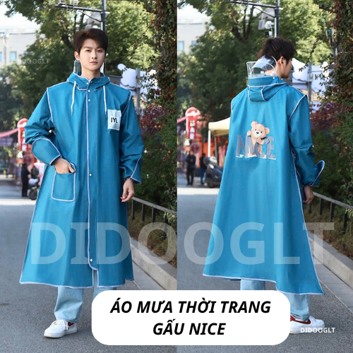 Áo Mưa Thời Trang Họa Tiết Gấu Nice Thiết Kế Thân Dài Có Kính Chắn Mưa Và Bao Tay( didooglt )