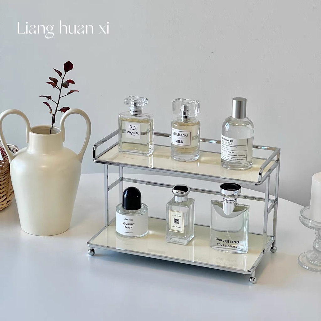 Kệ Để Đồ Decor 2 Tầng Sang Trọng Mặt Kính Màu Trắng/Đen, Khung Inox Chống Gỉ, Kệ Mỹ Phẩm Mini | BigBuy360 - bigbuy360.vn