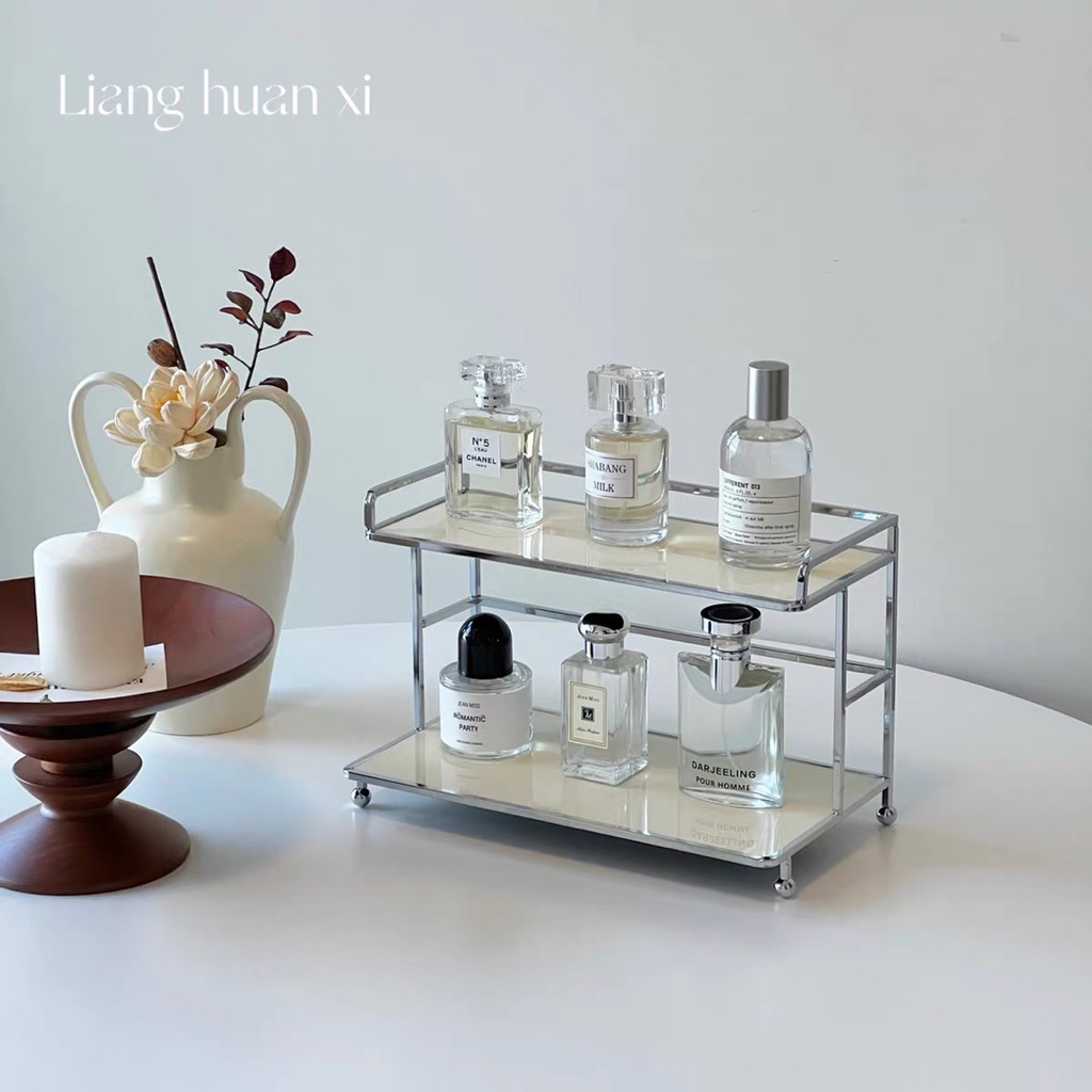 Kệ Để Đồ Decor 2 Tầng Sang Trọng Mặt Kính Màu Trắng/Đen, Khung Inox Chống Gỉ, Kệ Mỹ Phẩm Mini | BigBuy360 - bigbuy360.vn