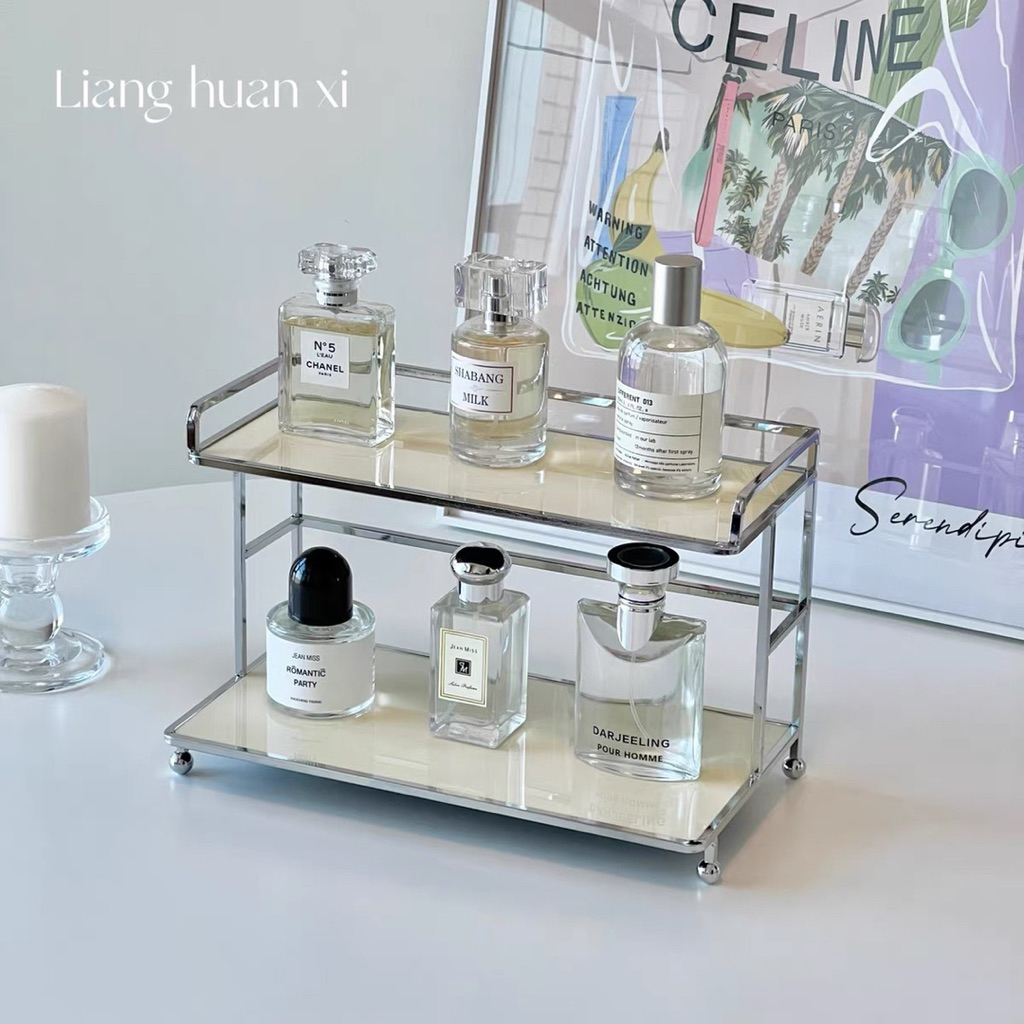 Kệ Để Đồ Decor 2 Tầng Sang Trọng Mặt Kính Màu Trắng/Đen, Khung Inox Chống Gỉ, Kệ Mỹ Phẩm Mini | BigBuy360 - bigbuy360.vn