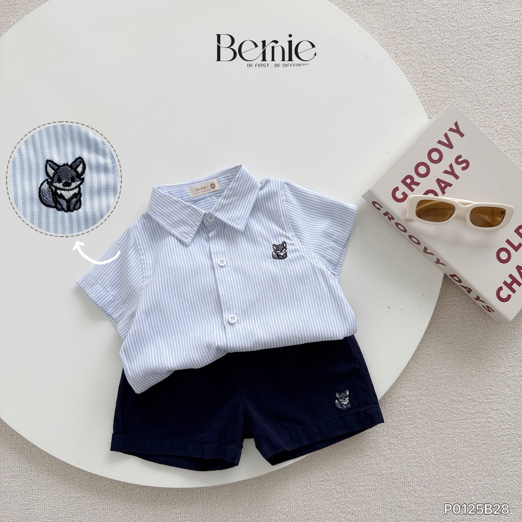 Bộ sơ mi kẻ thêu cáo, set sơ mi áo thô quần kaki cho bé trai P0125B28