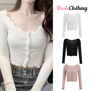 Áo Croptop Nữ Dài Tay Đính Cúc Cổ Tim Cuộn Biên Ôm Body Bozip Chất Vải Thun WAC006