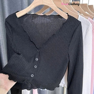 Áo Croptop Nữ Dài Tay Đính Cúc Cổ Tim Cuộn Biên Ôm Body Bozip Chất Vải Thun WAC006