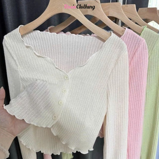 Áo Croptop Nữ Dài Tay Đính Cúc Cổ Tim Cuộn Biên Ôm Body Bozip Chất Vải Thun WAC006