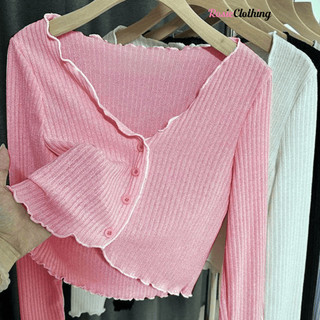 Áo Croptop Nữ Dài Tay Đính Cúc Cổ Tim Cuộn Biên Ôm Body Bozip Chất Vải Thun WAC006