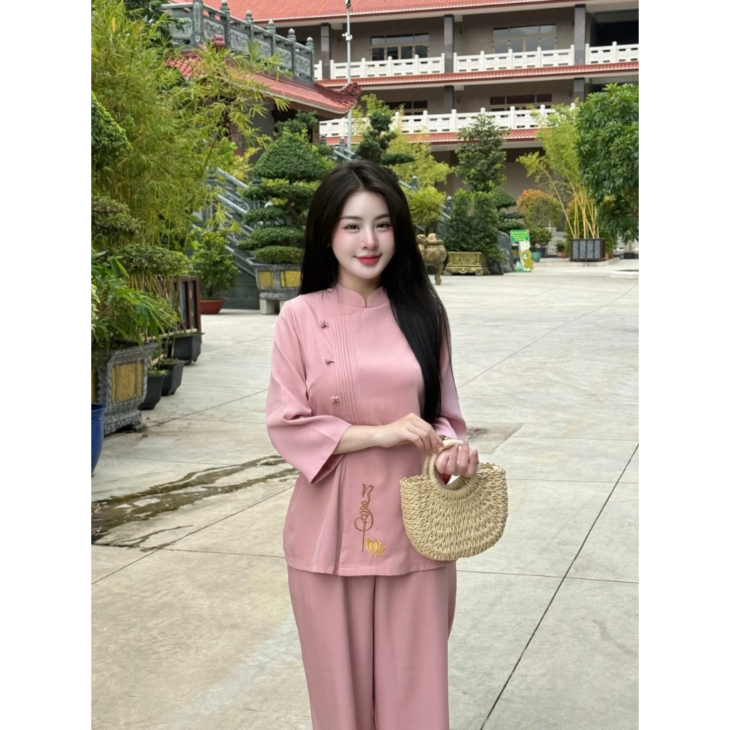 Đồ lam đi chùa cổ tàu thêu chữ Ngộ vải đũi thái mềm mịn Pháp phục lễ chùa tay lỡ cúc bọc chiết eo Sang trọng