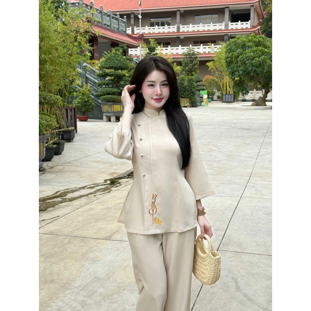Đồ lam đi chùa cổ tàu thêu chữ Ngộ vải đũi thái mềm mịn Pháp phục lễ chùa tay lỡ cúc bọc chiết eo Sang trọng