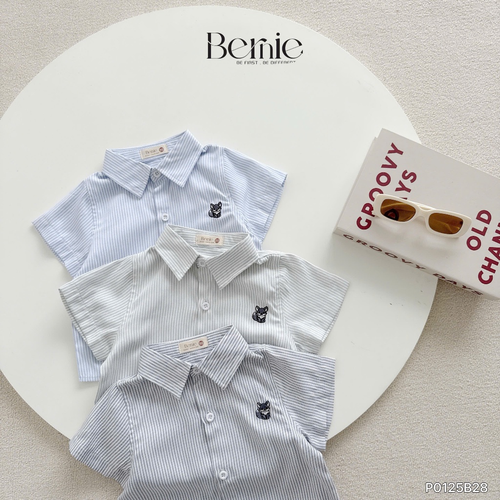 Bộ sơ mi kẻ thêu cáo, set sơ mi áo thô quần kaki cho bé trai P0125B28