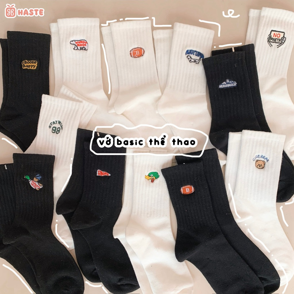 Tất Vớ Nam Nữ Cổ Cao Trắng Đen Thêu Hình Thể Thao Thú Cún Dễ Thương Phong Cách Hàn Quốc Chất Cotton Mềm Mại Thoáng Mát