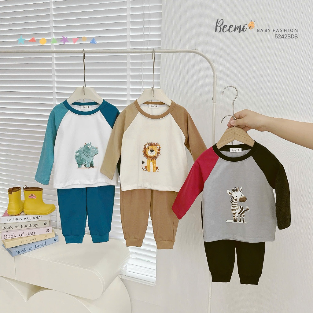 Bộ thu đông cotton dài tay phối in hình, bộ cotton thu đông dài tay bé trai mẫu mới