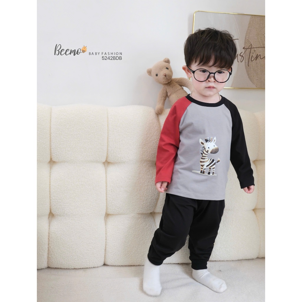 Bộ thu đông cotton dài tay phối in hình, bộ cotton thu đông dài tay bé trai mẫu mới